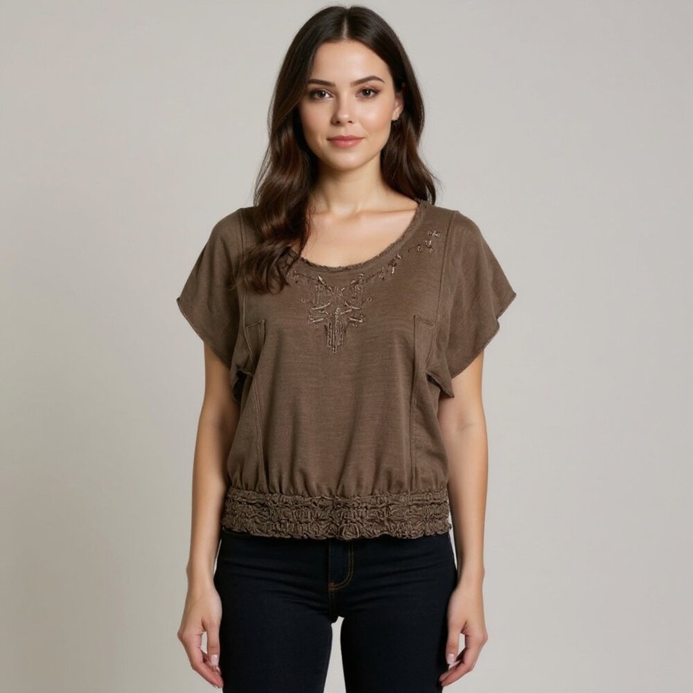Free People Easy Does It Tee Brown Beaded Top Size Small - Picture 1 of 12